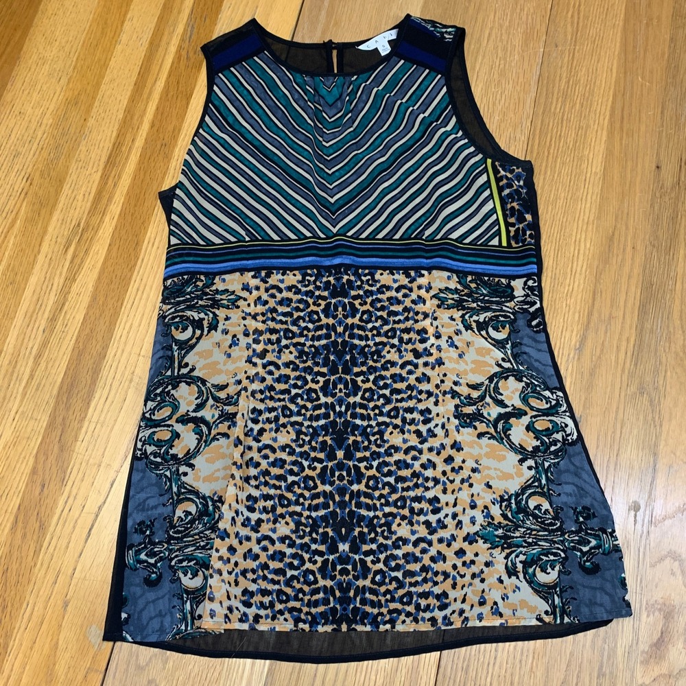 Cabi Womens Mixed Print Sleeveless Top Leopard Stripe Baroque‎ Sheer Back Small
